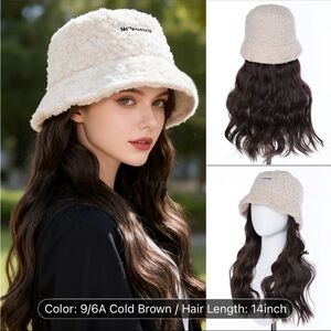 Cream Sherpa Bucket Hat with Wavy Long Wig